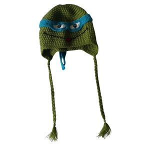 Green Knit Hat with Blue Mask Design